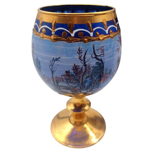 Murano Cobalt Blue Gold Pedestal Italian Victorian Scenes Decanter Wine Glasses - Picture 15 of 15